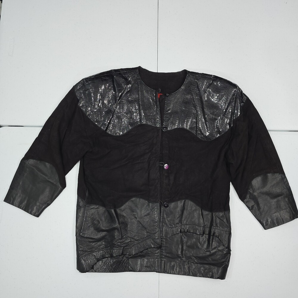 Vintage 80s Clifford Olson  Black Leather Oversized Jacket 3/4 Sleeves Patchwork